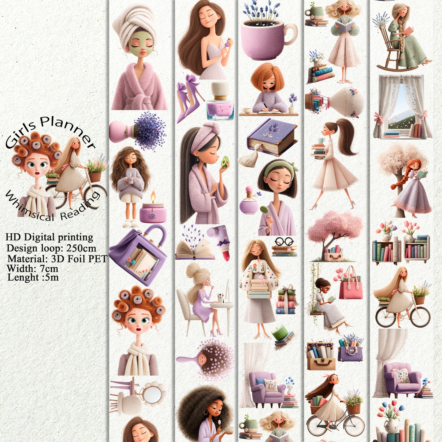 PET 3D raised Girls Planner and Whimsical Reading tape,one roll fashion, junk journal, scrapbooking,bullet journal, card making.