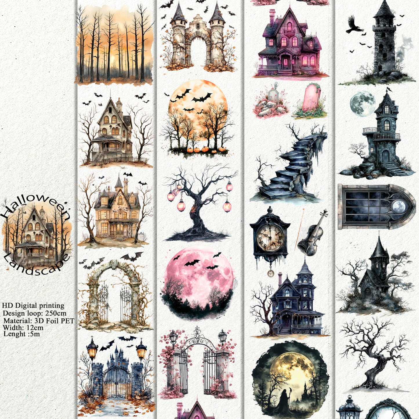 PET 3D raised Halloween Landscape  tape,one roll fashion, junk journal, scrapbooking,bullet journal, card making.