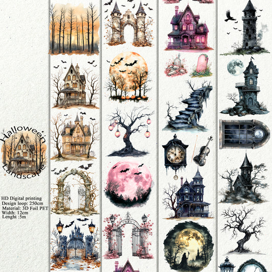 PET 3D raised Halloween Landscape  tape,one roll fashion, junk journal, scrapbooking,bullet journal, card making.