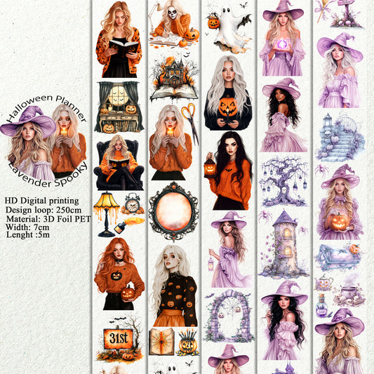 PET 3D raised Halloween Planner and Lavender Spooky tape,one roll fashion, junk journal, scrapbooking,bullet journal, card making.