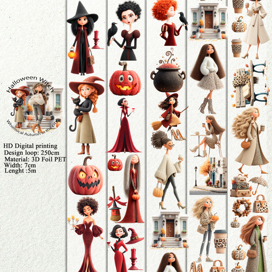 PET 3D raised Halloween Witch and Whimsical Autumn in the city tape,one roll fashion, junk journal, scrapbooking,bullet journal, card making.