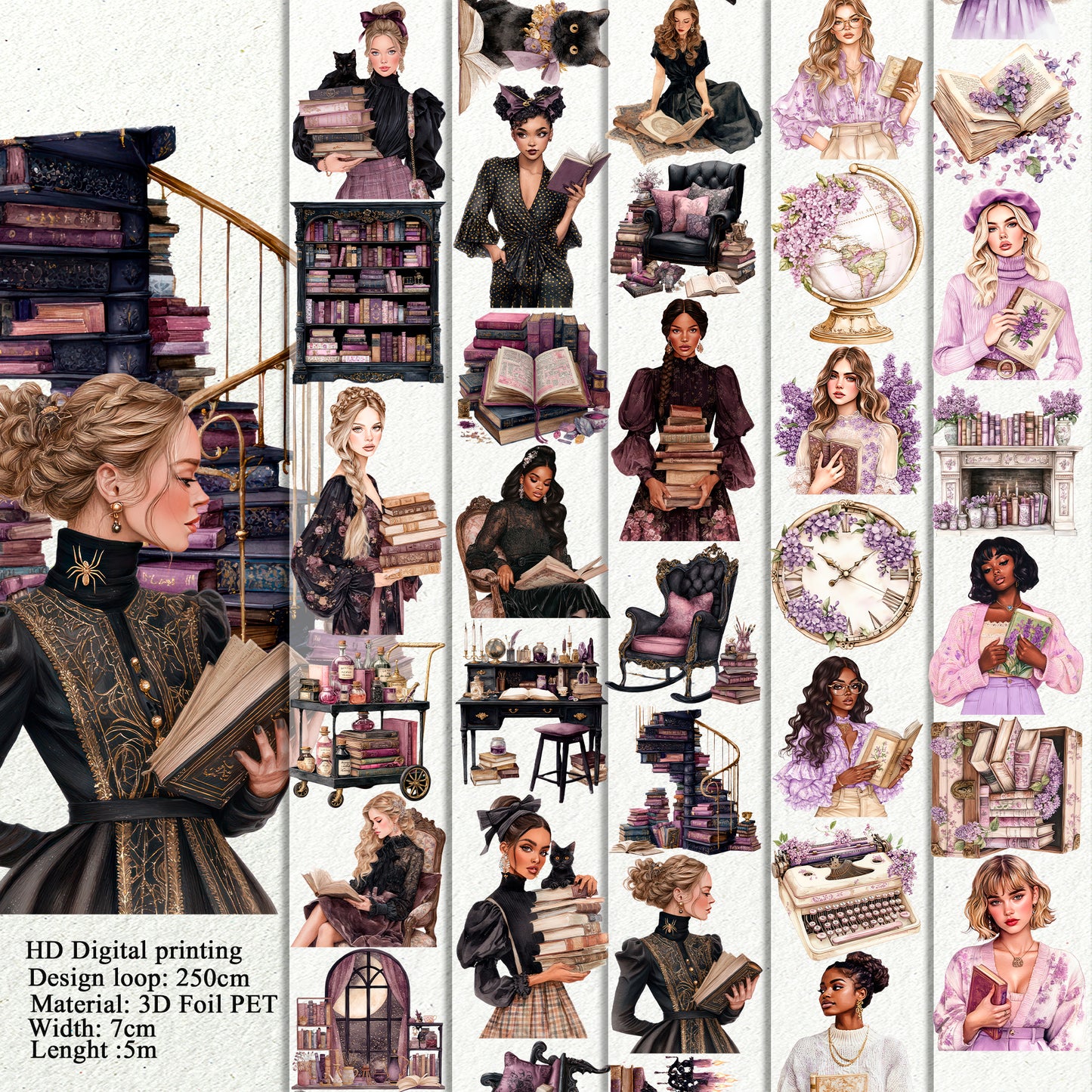 Haunted Bookstore and Lilac Library PET 3D raised tape,one roll fashion, junk journal, scrapbooking,bullet journal, card making.