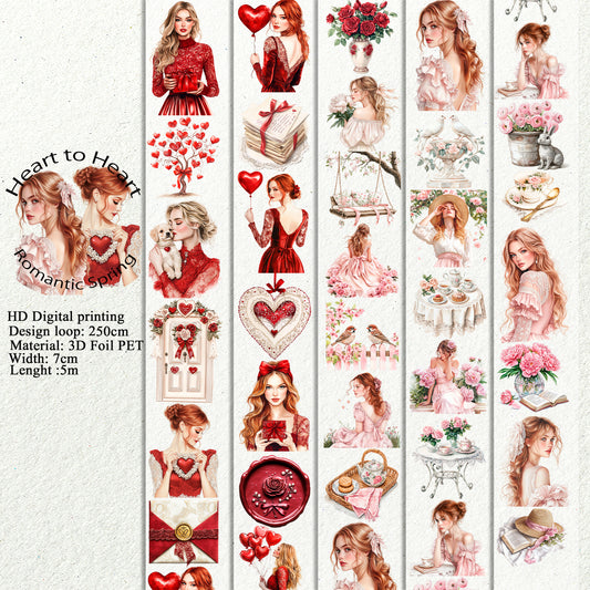 Heart to Heart and Romantic Spring PET 3D raised tape,one roll fashion, junk journal, scrapbooking,bullet journal, card making.