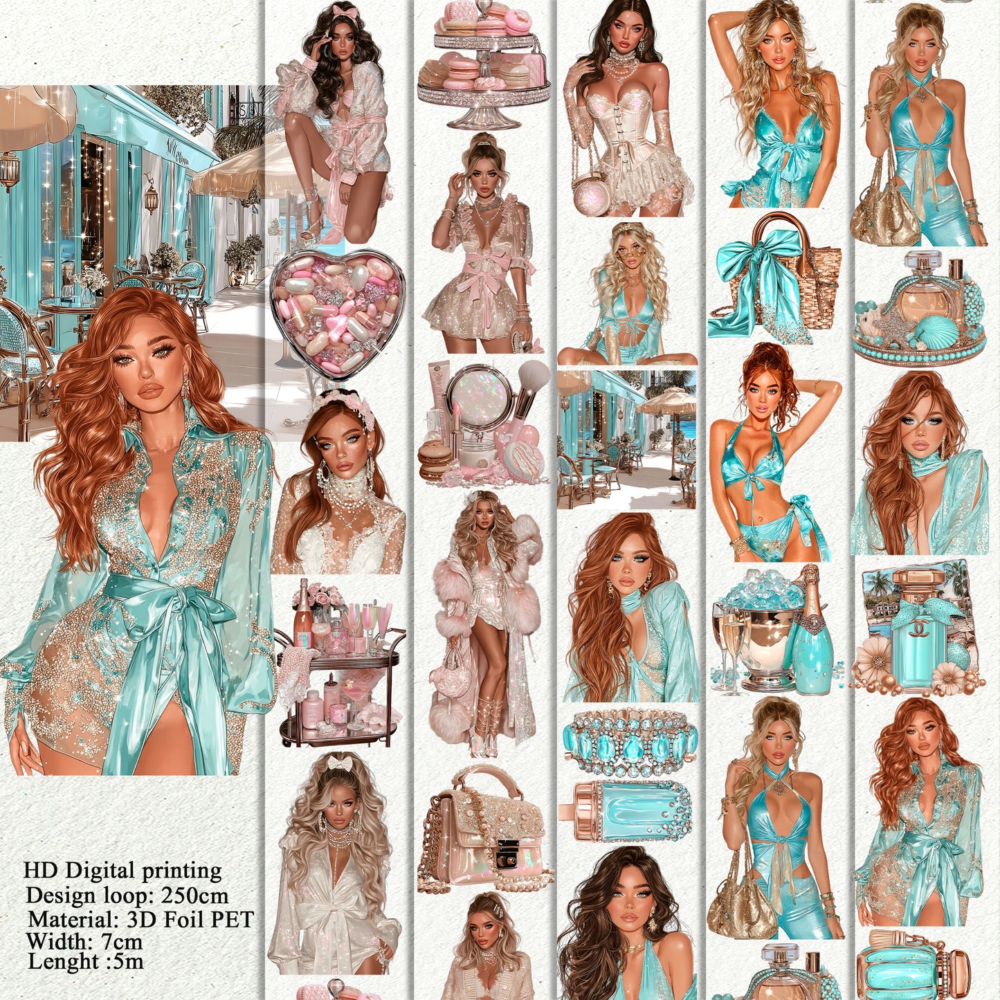 Holo coquette and Aqua PET 3D raised tape,one roll fashion, junk journal, scrapbooking,bullet journal, card making.