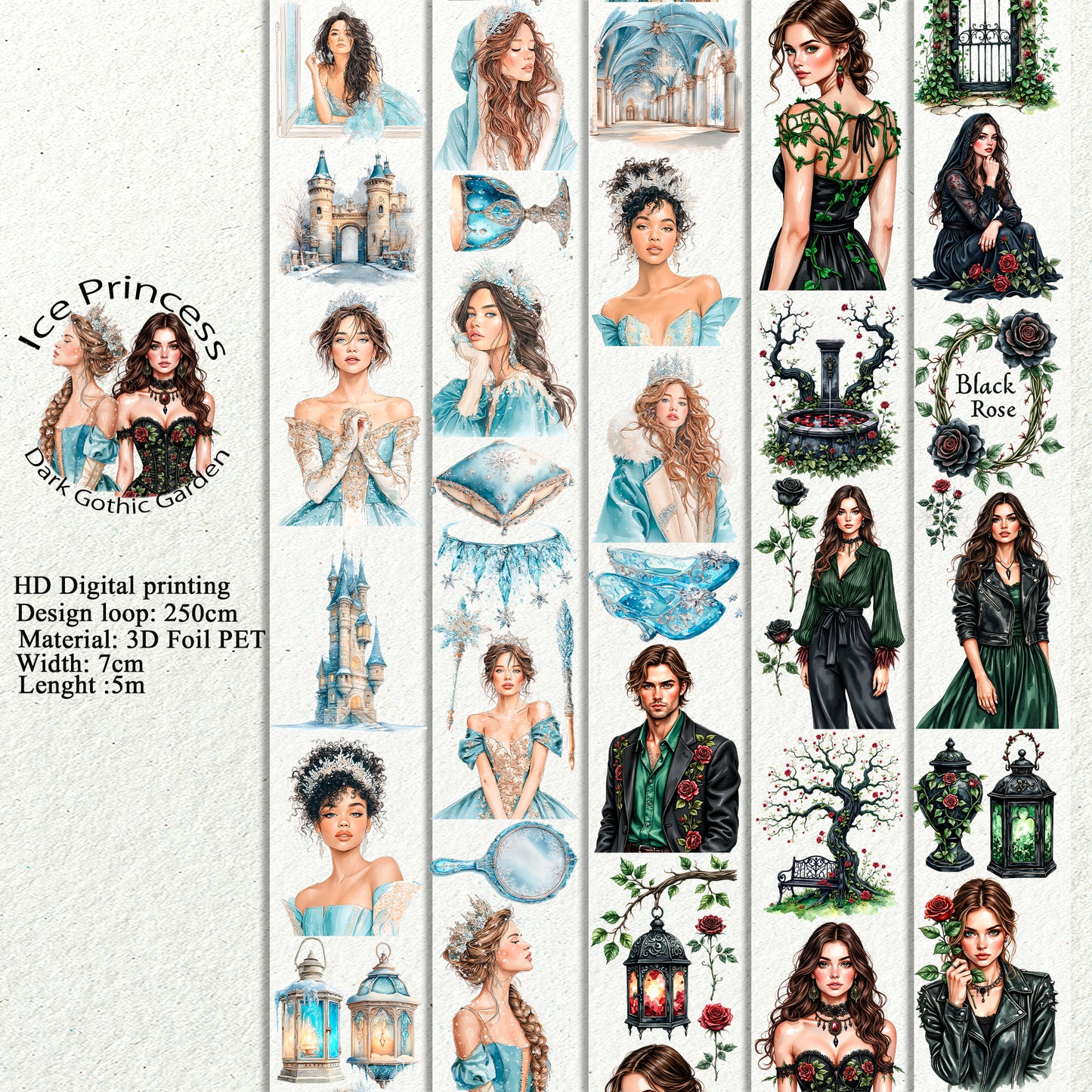 Ice Princess and Dark Gothic Garden PET 3D raised tape,one roll fashion, junk journal, scrapbooking,bullet journal, card making.