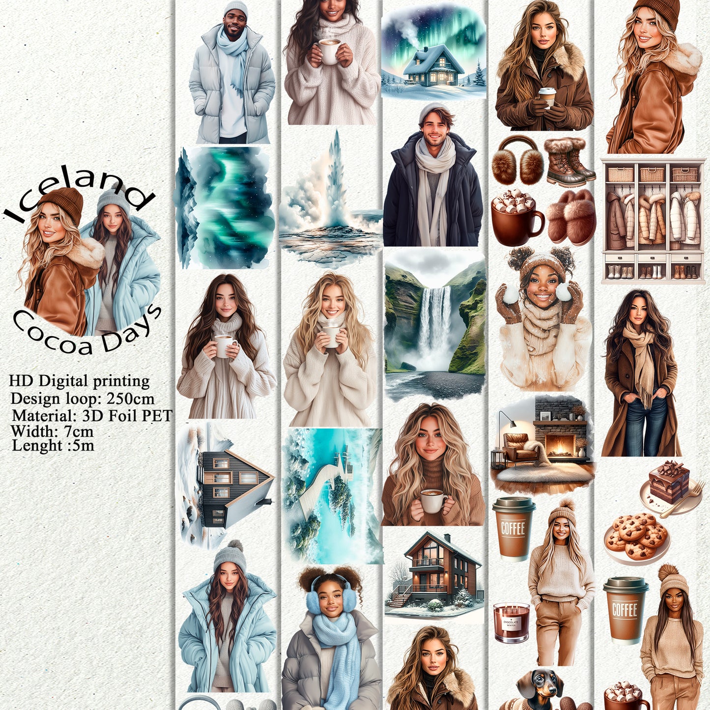 PET 3D raised Iceland  and Cocoa Days tape,one roll fashion, junk journal, scrapbooking,bullet journal, card making.