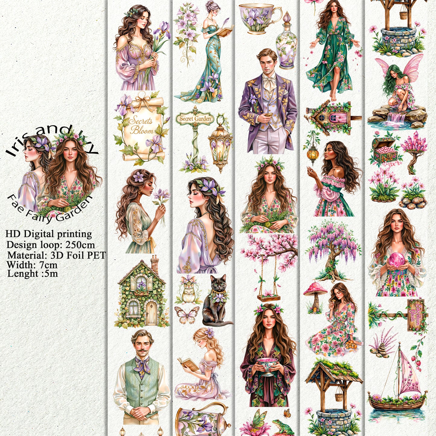 PET Iris and Ivy and  Fae Fairy Garden 3D raised tape,one roll fashion, junk journal, scrapbooking,bullet journal, card making.