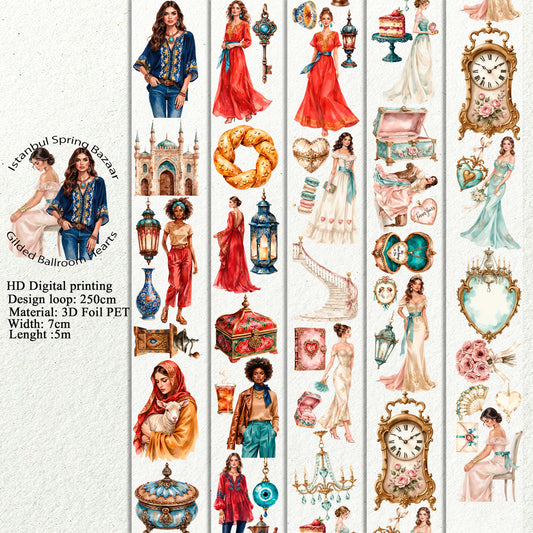 Istanbul Spring Bazaar and Gilded Ballroom Hearts PET 3D raised tape,one roll fashion, junk journal, scrapbooking,bullet journal, card making.