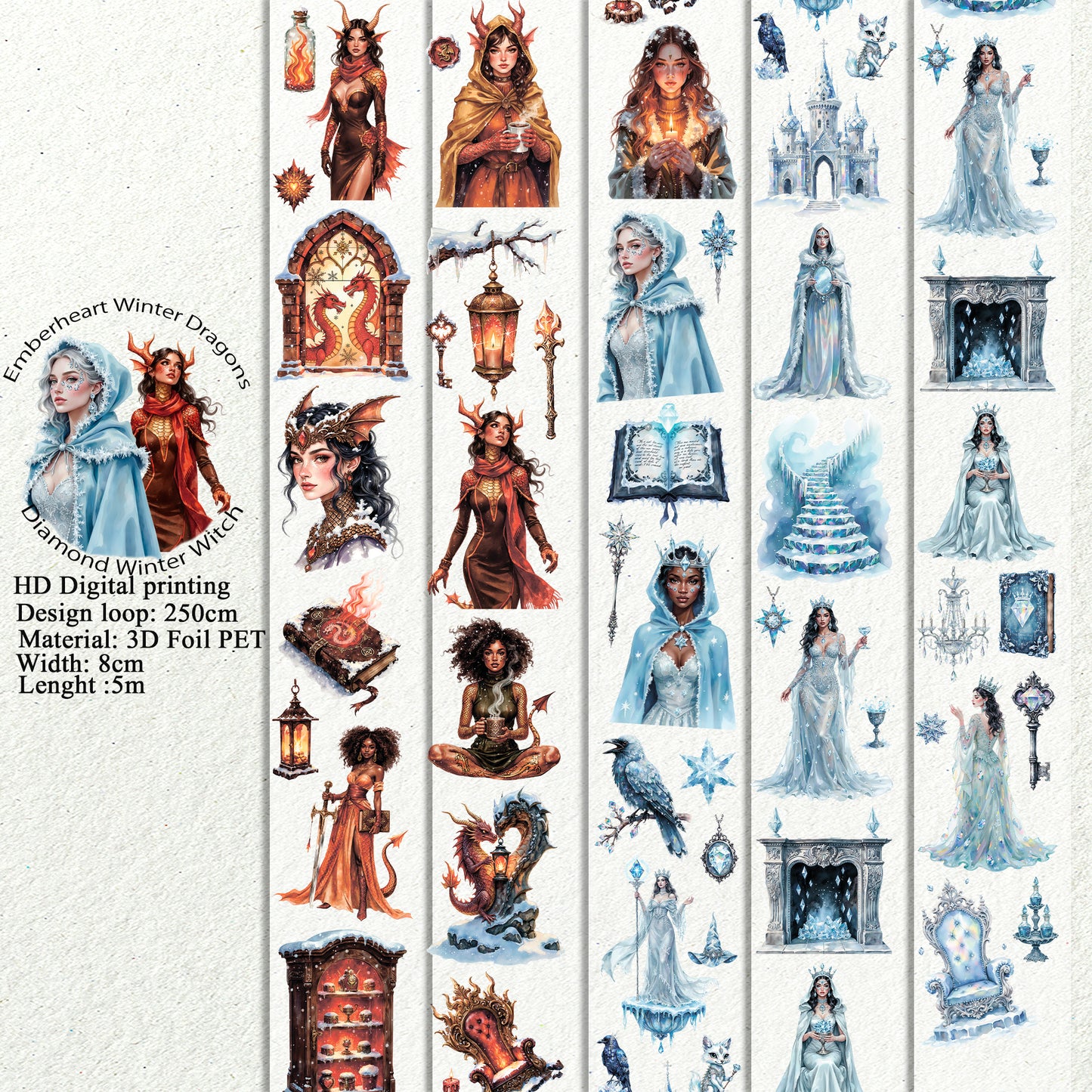 KISSCUT Emberheart Winter Dragons and Diamond Winter Witch PET 3D raised tape,one roll fashion, junk journal, scrapbooking,bullet journal, card making.
