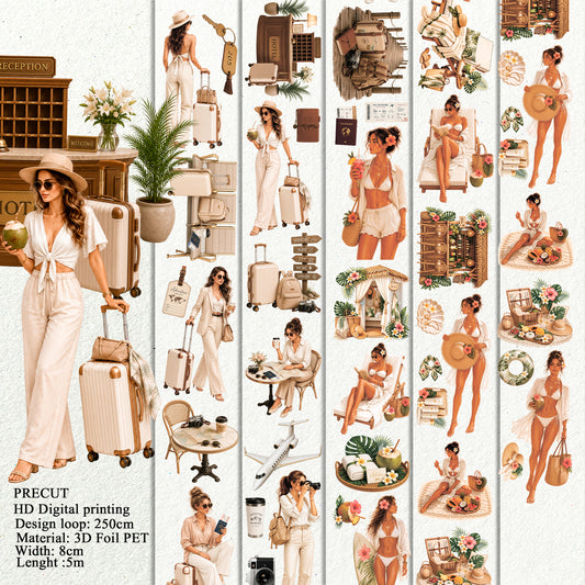 KISSCUT Travel Lifestyle and Tropical Summer PET 3D raised tape,one roll fashion, junk journal, scrapbooking,bullet journal, card making.
