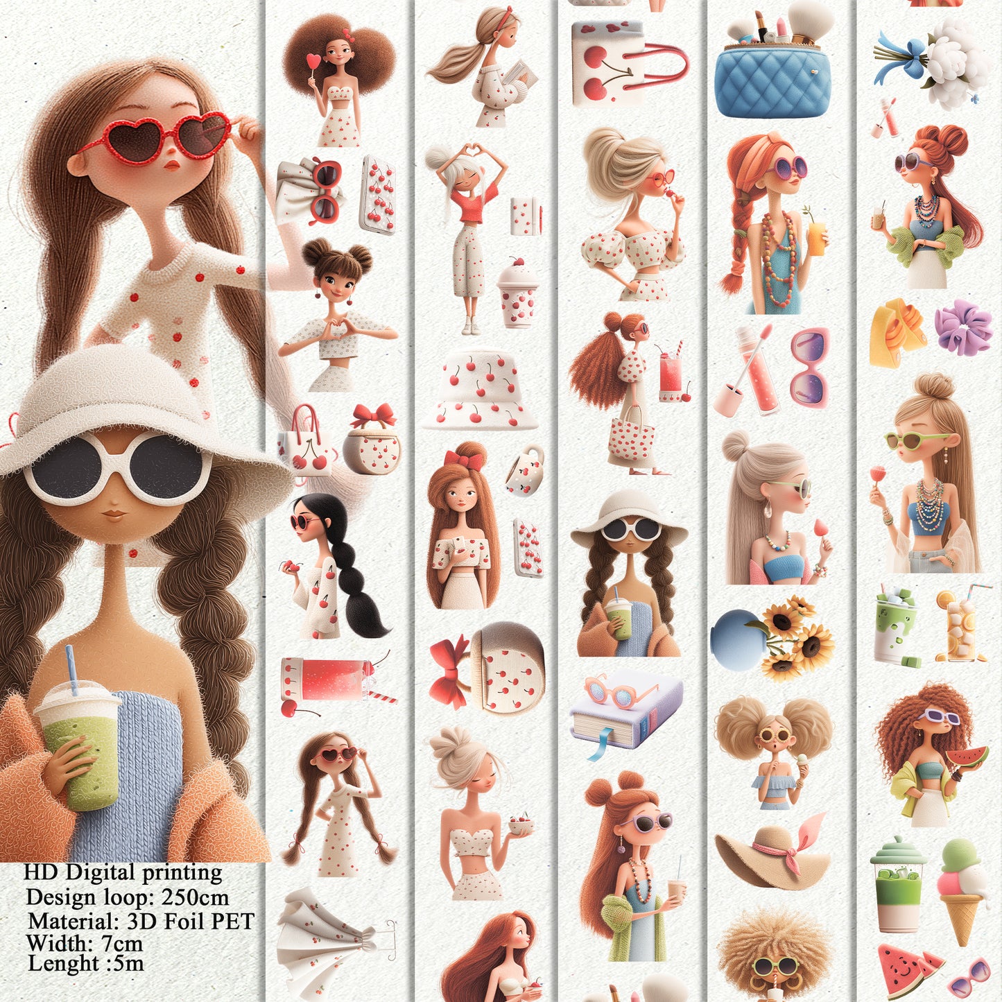 KISSCUT Whimsical Summer PET 3D raised tape,one roll fashion, junk journal, scrapbooking,bullet journal, card making.