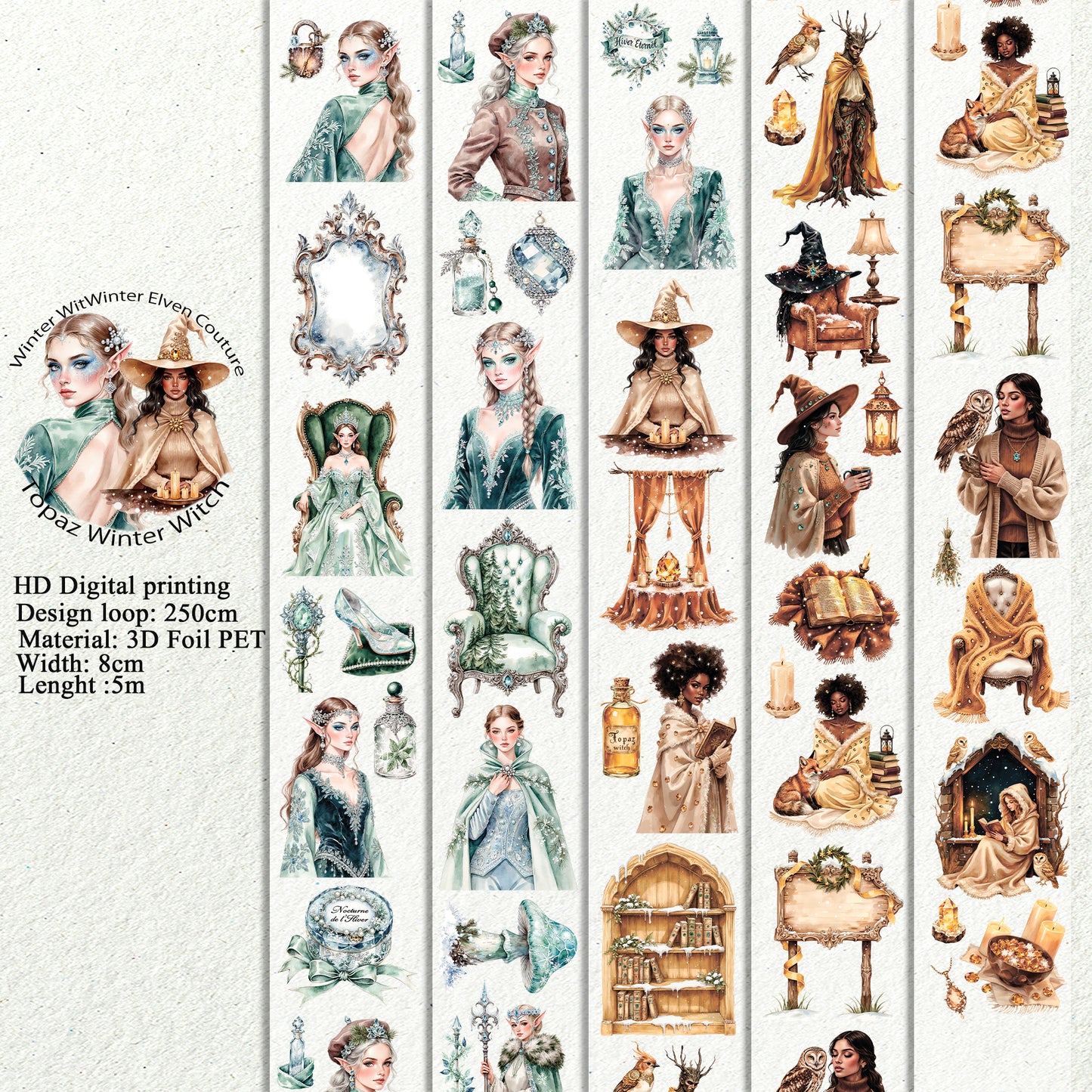KISSCUT  Winter Elven Couture and Topaz Winter Witch PET 3D raised tape,one roll fashion, junk journal, scrapbooking,bullet journal, card making.