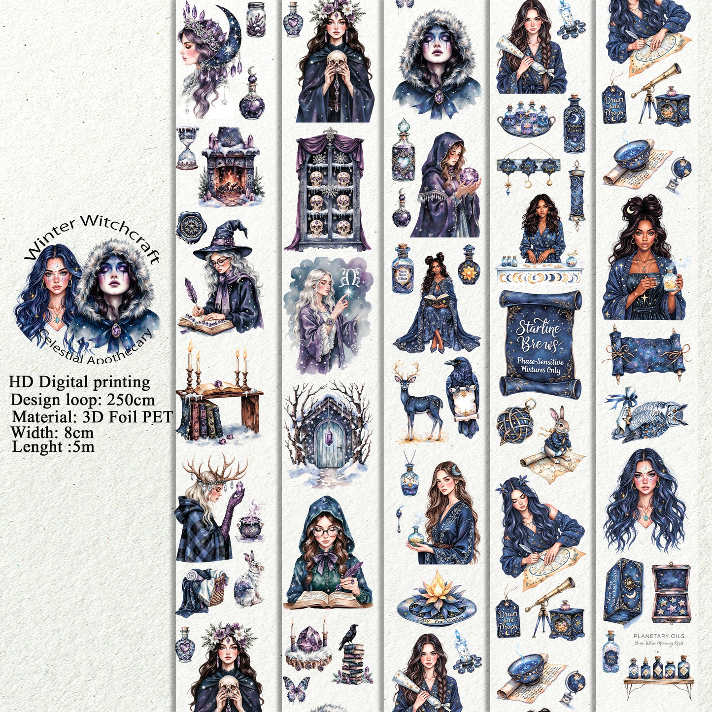 KISSCUT Winter Witchcraft and Celestial Apothecary PET 3D raised tape,one roll fashion, junk journal, scrapbooking,bullet journal, card making.