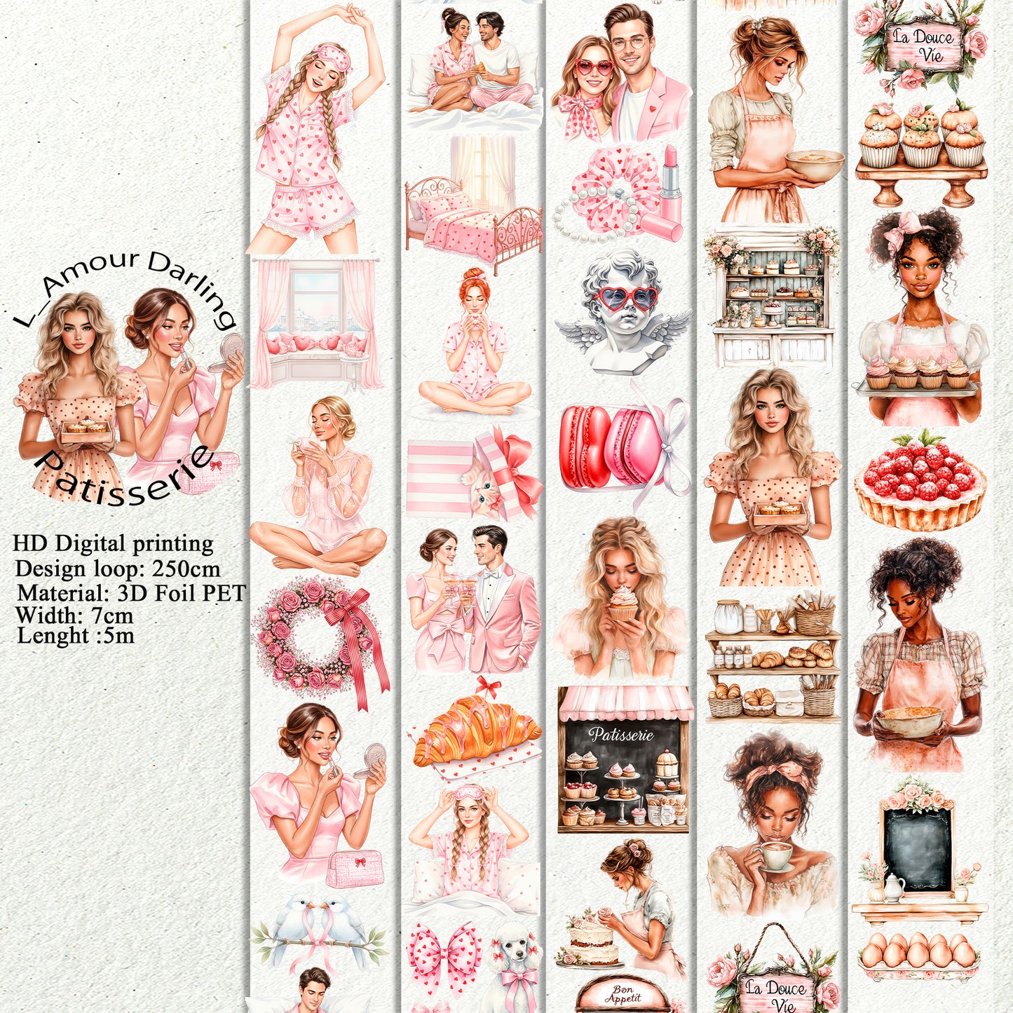 PET L_Amour Darling and Patisserie 3D raised tape,one roll fashion, junk journal, scrapbooking,bullet journal, card making.