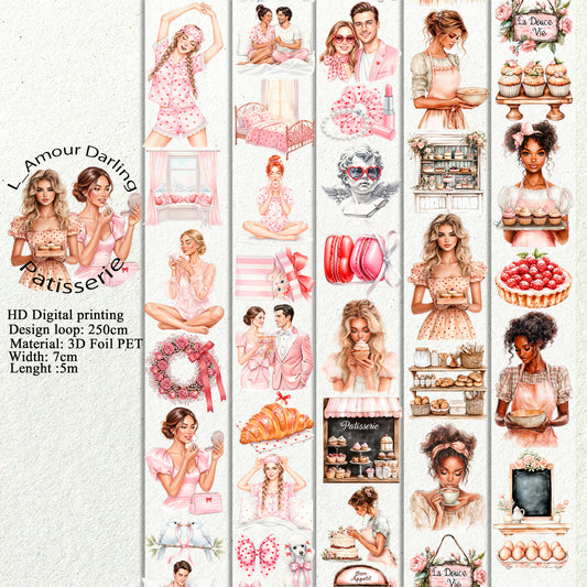 PET L_Amour Darling and Patisserie 3D raised tape,one roll fashion, junk journal, scrapbooking,bullet journal, card making.