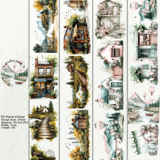PET 3D raised Landscape3  tape,one roll fashion, junk journal, scrapbooking,bullet journal, card making.