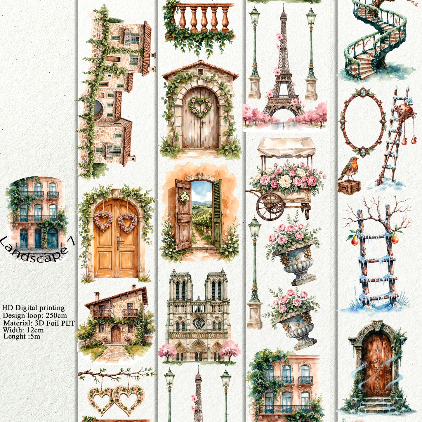 PET 3D raised Landscape 7 tape,one roll fashion, junk journal, scrapbooking,bullet journal, card making.
