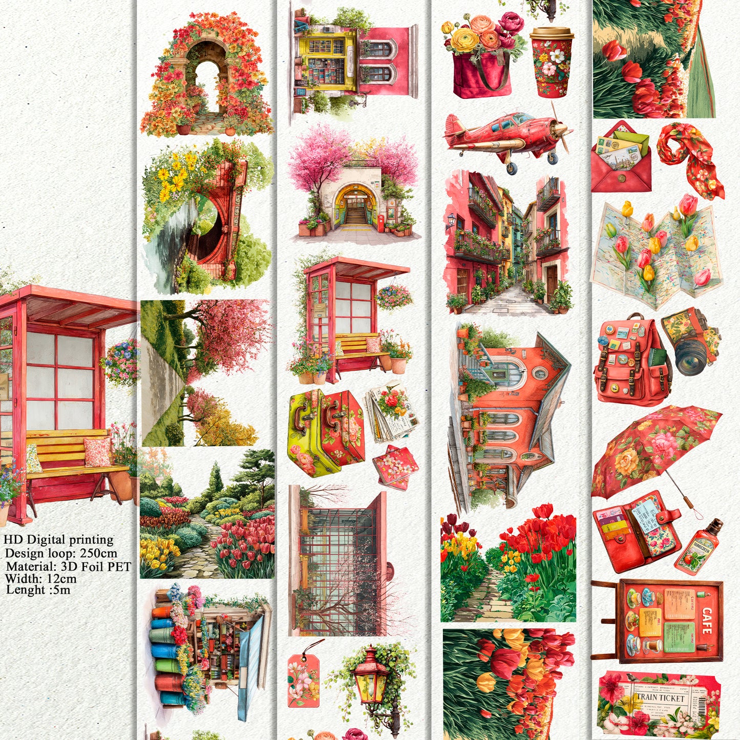 PET 3D raised Landscape Travel time tape,one roll fashion, junk journal, scrapbooking,bullet journal, card making.