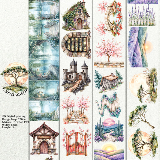 PET 3D raised Landscape  tape,one roll fashion, junk journal, scrapbooking,bullet journal, card making.