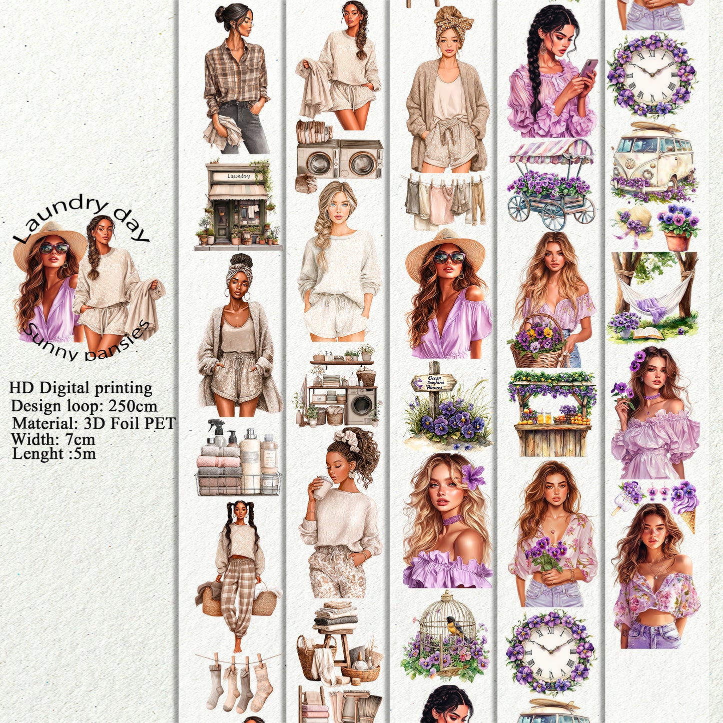 PET 3D raised Laundry day and Sunny pansies ape,one roll fashion, junk journal, scrapbooking,bullet journal, card making.