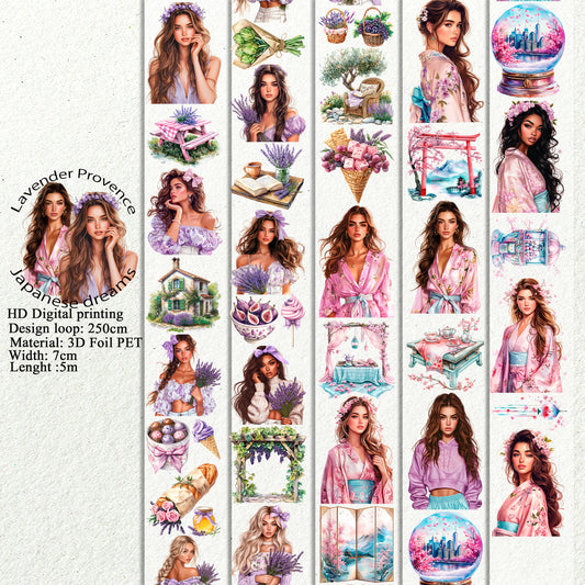 PET 3D raised Lavender Provence and Japanese dreams tape,one roll fashion, junk journal, scrapbooking,bullet journal, card making.