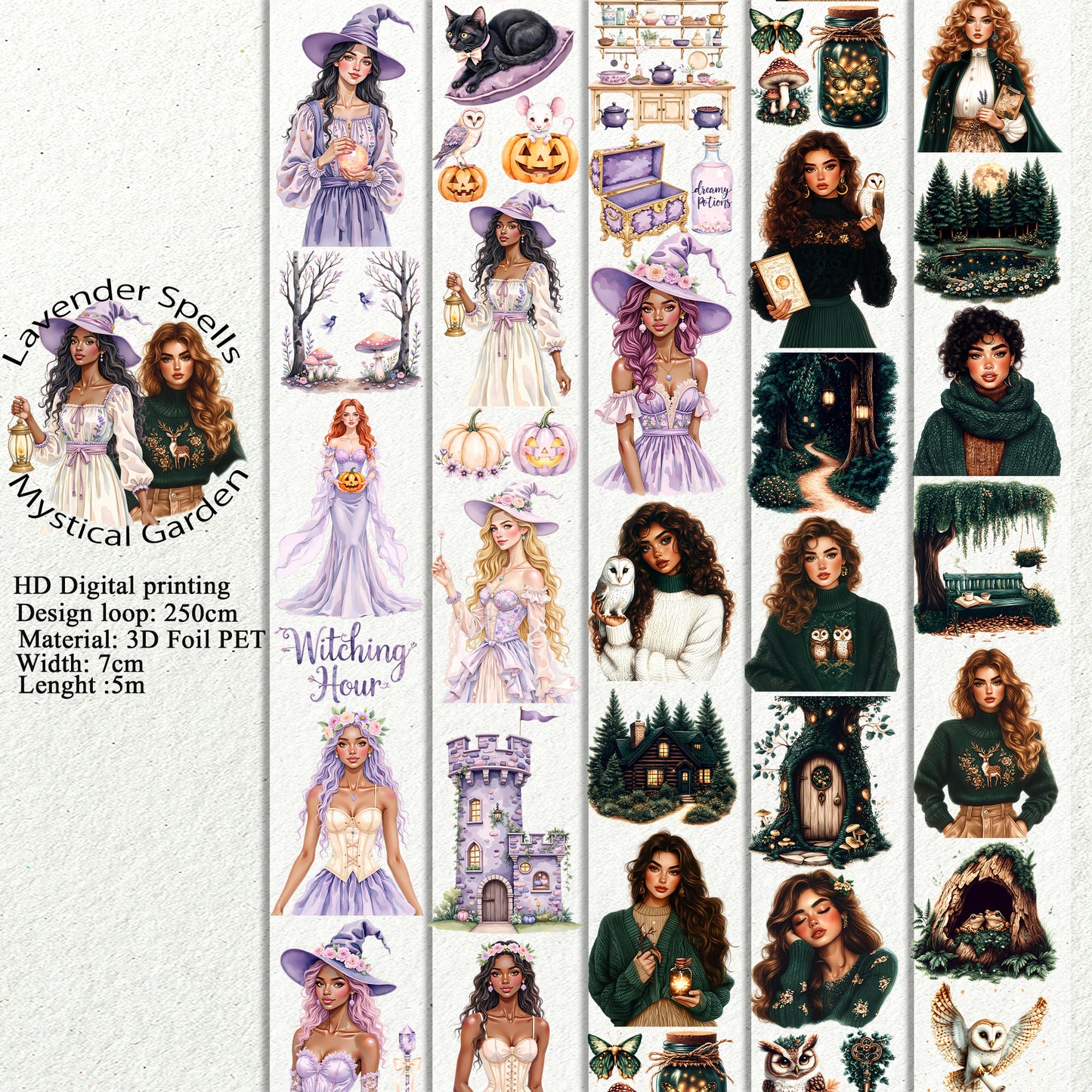 PET 3D raised Lavender Spells and Mystical Garden tape,one roll fashion, junk journal, scrapbooking,bullet journal, card making.