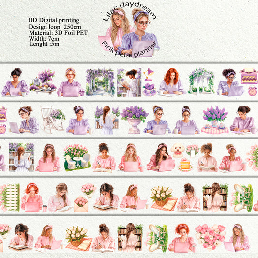 PET 3D raised Lilac daydream and Pink petal planner tape,one roll fashion, junk journal, scrapbooking,bullet journal, card making.