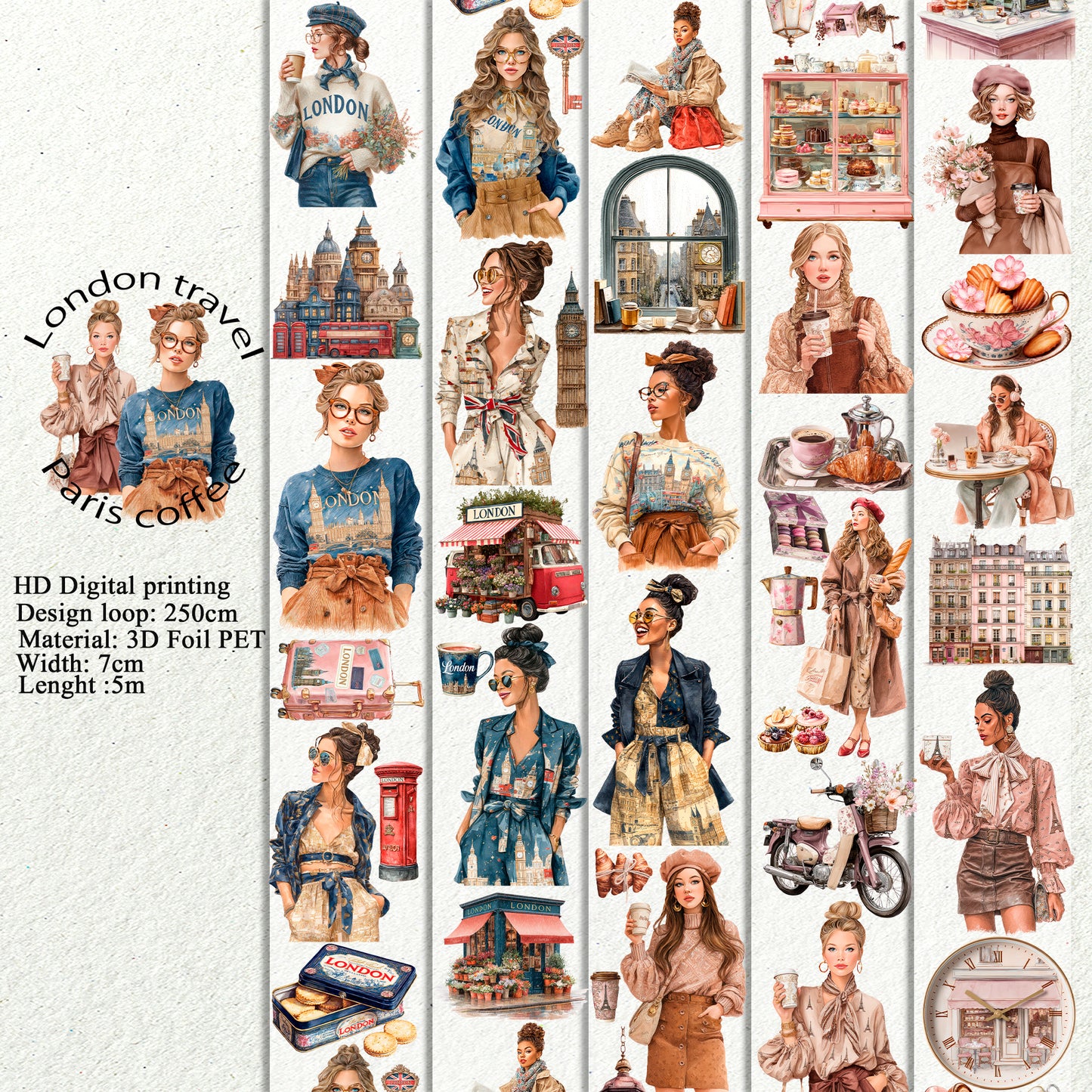 PET London travel and Paris coffee 3D raised tape,one roll fashion, junk journal, scrapbooking,bullet journal, card making.