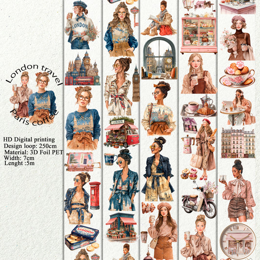 PET London travel and Paris coffee 3D raised tape,one roll fashion, junk journal, scrapbooking,bullet journal, card making.