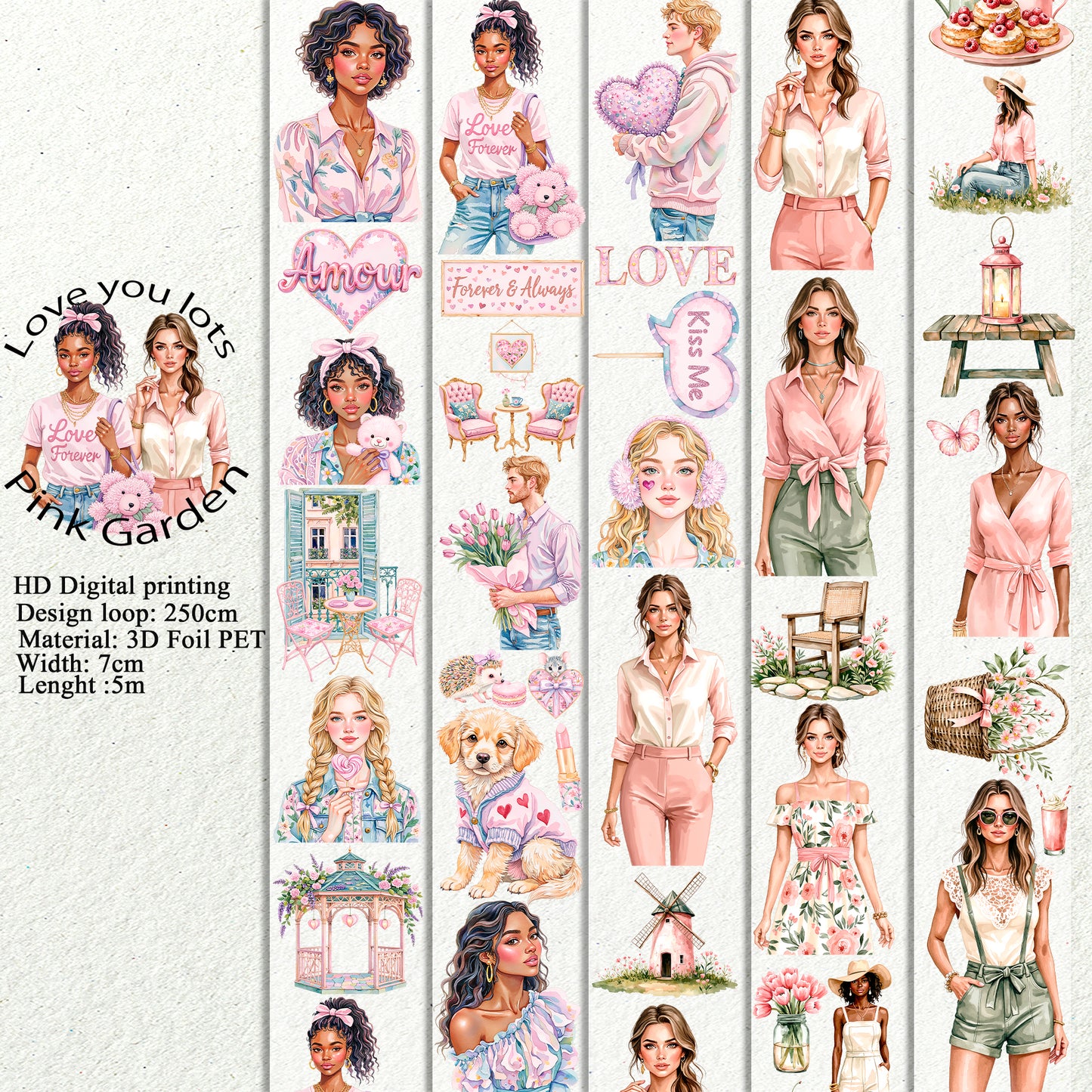 PET Love you lots and Pink Garden  3D raised tape,one roll fashion, junk journal, scrapbooking,bullet journal, card making.