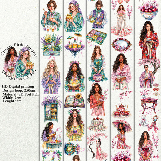 PET Magical Apothecary in Spring and Cherry Pink Garden 3D raised tape,one roll fashion, junk journal, scrapbooking,bullet journal, card making.