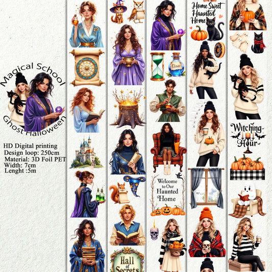 PET 3D raised Magical School and Ghost Halloween tape,one roll fashion, junk journal, scrapbooking,bullet journal, card making.