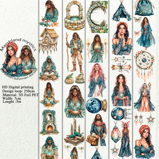 PET 3D raised Marshland mystics and Starwoven bohemian wander tape,one roll fashion, junk journal, scrapbooking,bullet journal, card making.