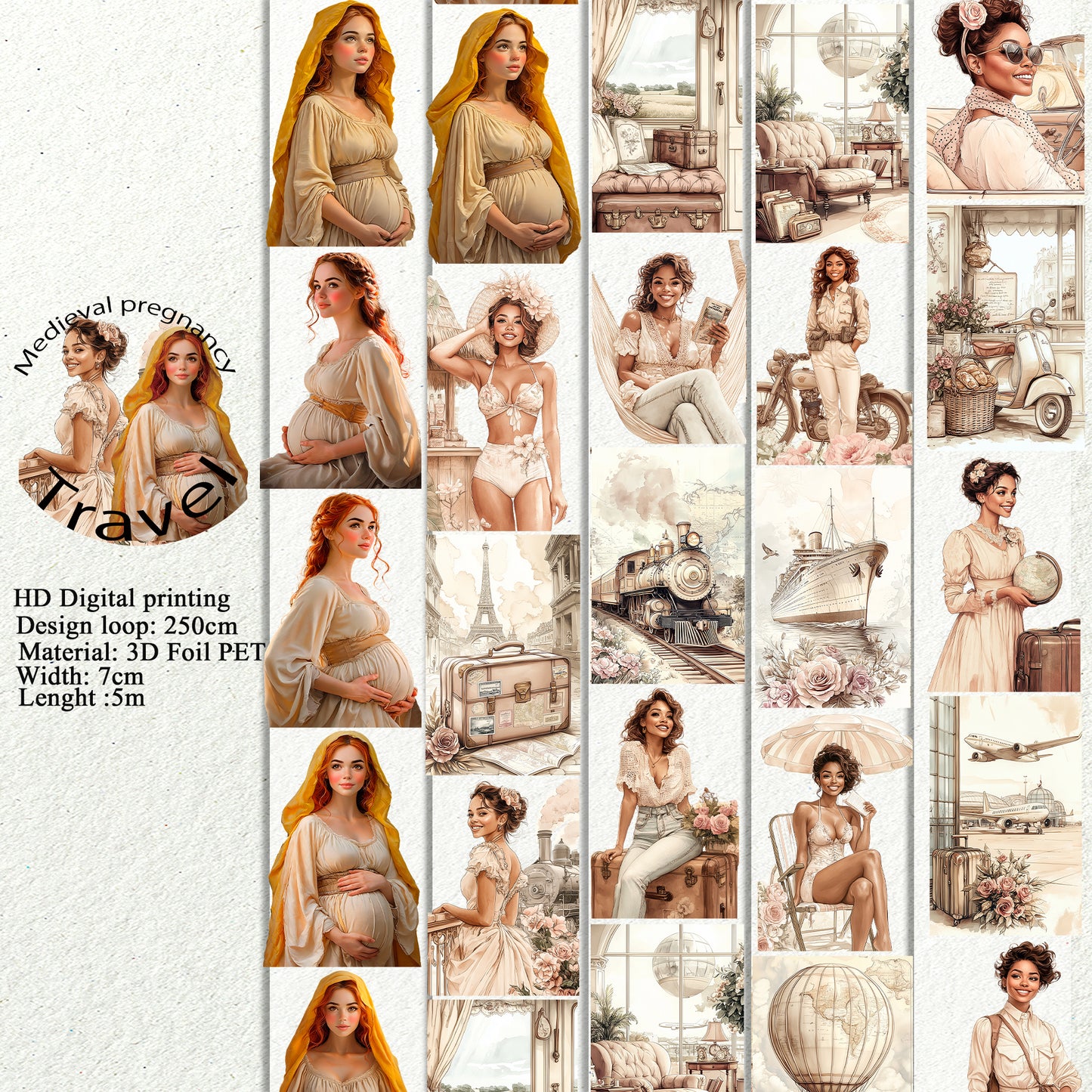 PET 3D raised Medieval pregnancy and Travel tape,one roll fashion, junk journal, scrapbooking,bullet journal, card making.