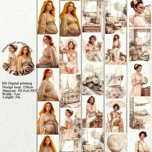 PET 3D raised Medieval pregnancy and Travel tape,one roll fashion, junk journal, scrapbooking,bullet journal, card making.