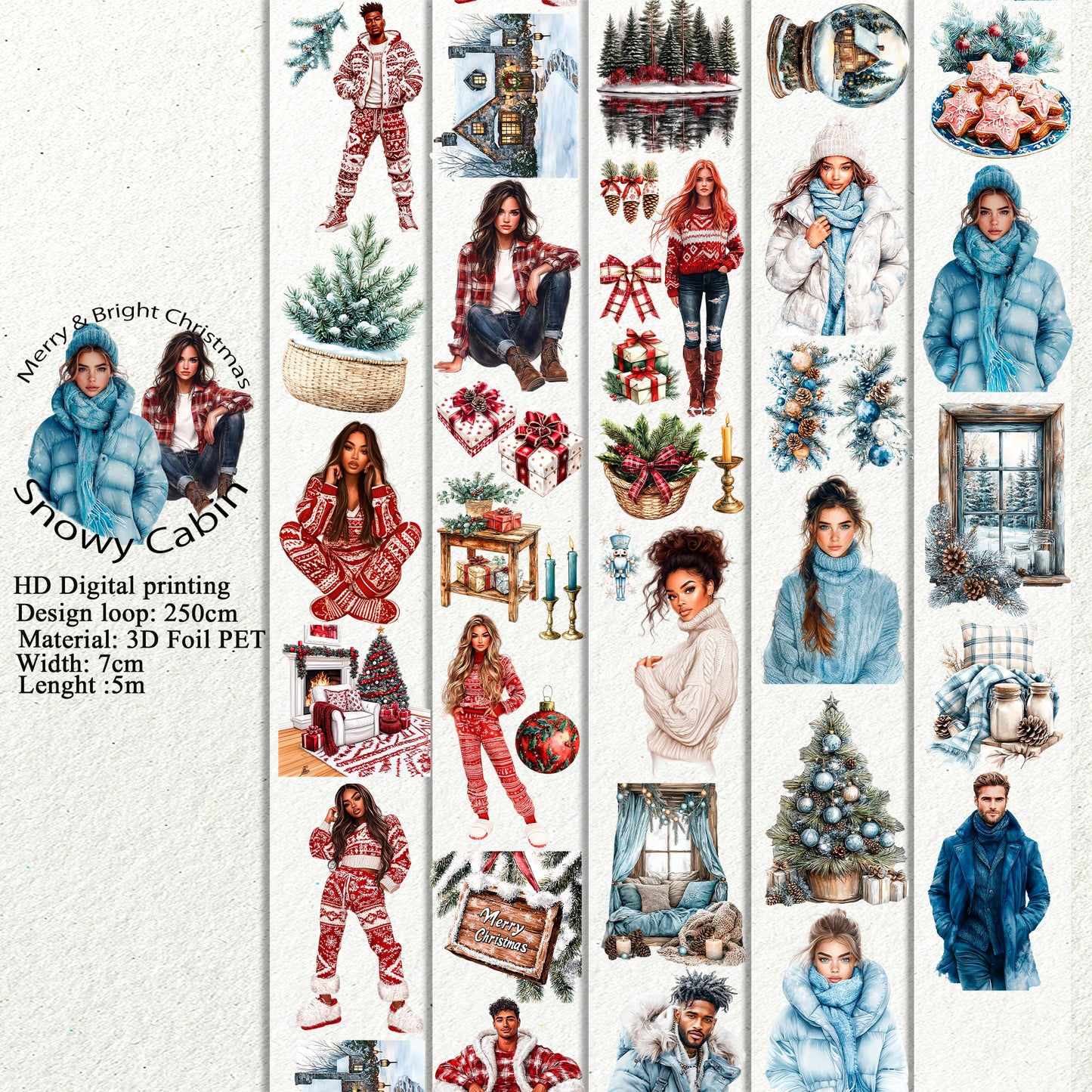 PET 3D raised Merry & Bright Christmas and Snowy Cabin tape,one roll fashion, junk journal, scrapbooking,bullet journal, card making.