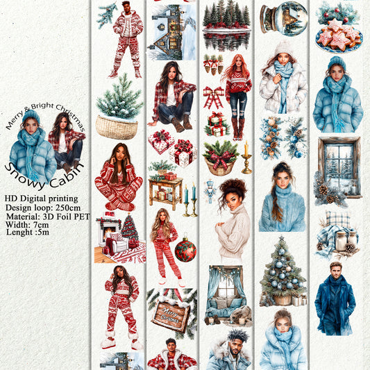 PET 3D raised Merry & Bright Christmas and Snowy Cabin tape,one roll fashion, junk journal, scrapbooking,bullet journal, card making.