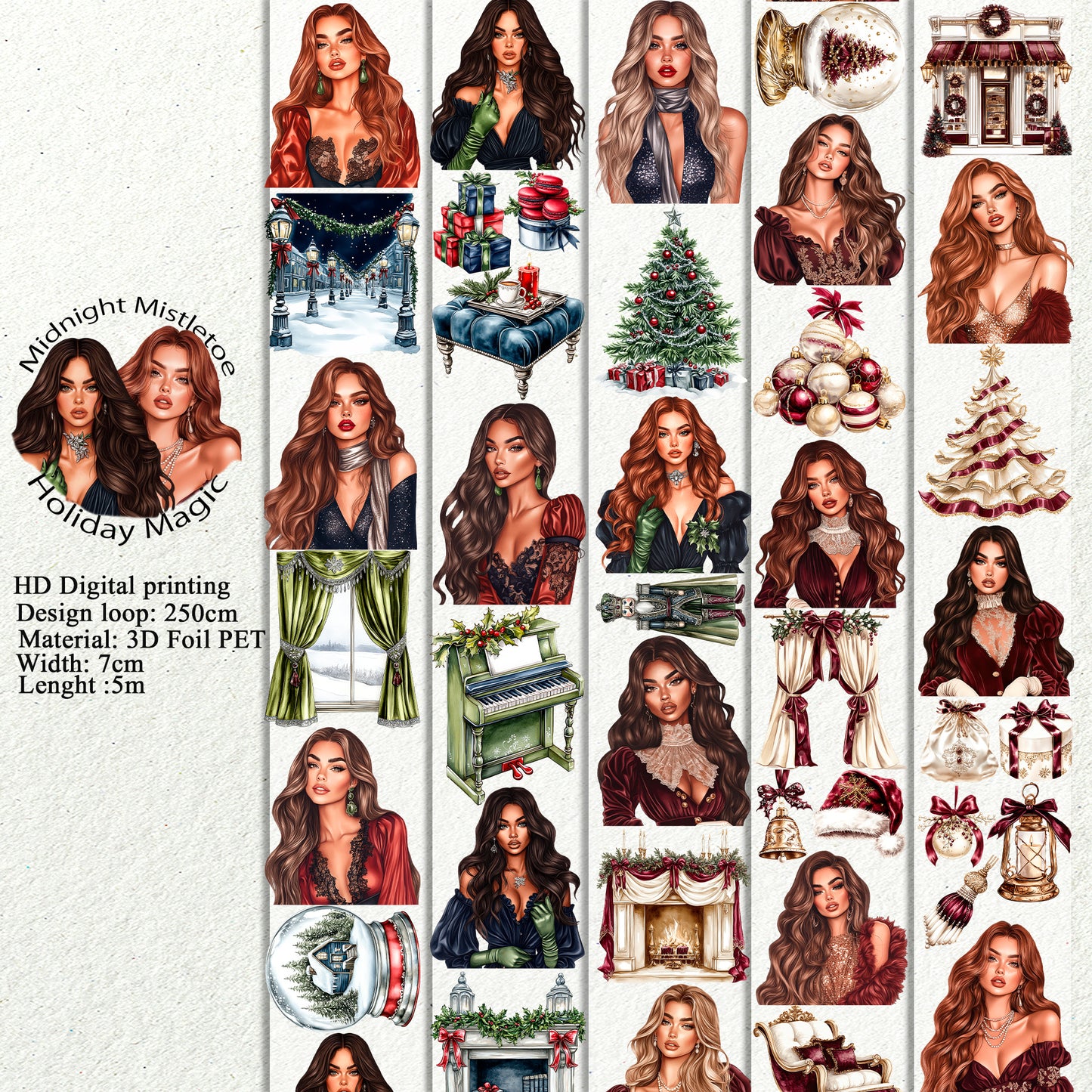 PET 3D raised Midnight Mistletoe and Holiday Magic tape,one roll fashion, junk journal, scrapbooking,bullet journal, card making.