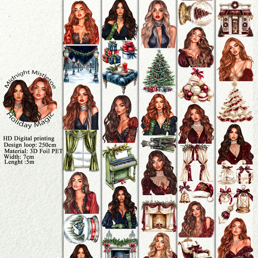 PET 3D raised Midnight Mistletoe and Holiday Magic tape,one roll fashion, junk journal, scrapbooking,bullet journal, card making.