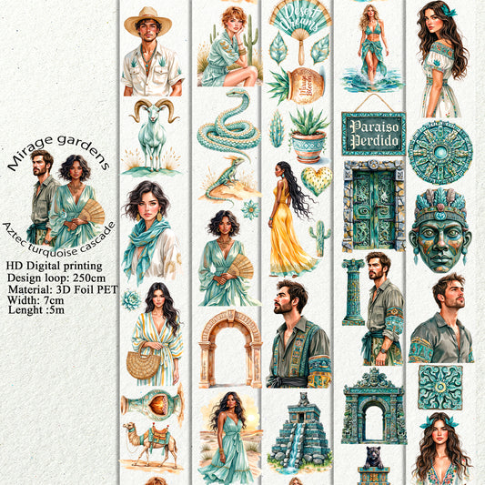 PET 3D raised Mirage gardens and Aztec turquoise cascade tape,one roll fashion, junk journal, scrapbooking,bullet journal, card making.
