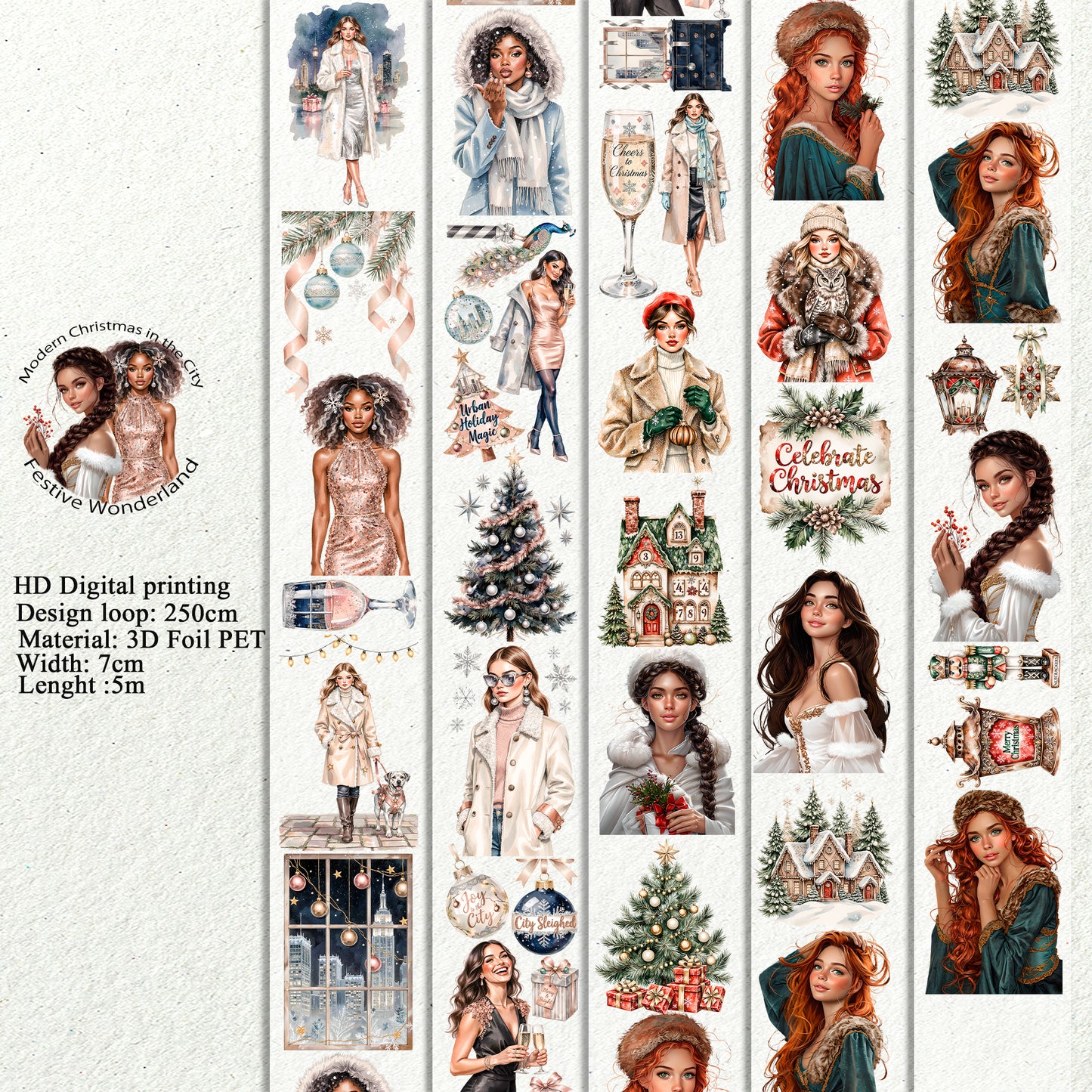 PET 3D raised Modern Christmas in the City and Festive Wonderland tape,one roll fashion, junk journal, scrapbooking,bullet journal, card making.