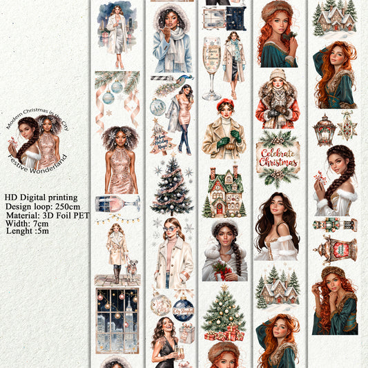 PET 3D raised Modern Christmas in the City and Festive Wonderland tape,one roll fashion, junk journal, scrapbooking,bullet journal, card making.