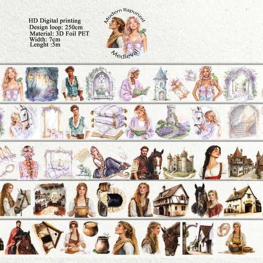 PET 3D raised Modern Rapunzel and Medieval tape,one roll fashion, junk journal, scrapbooking,bullet journal, card making.