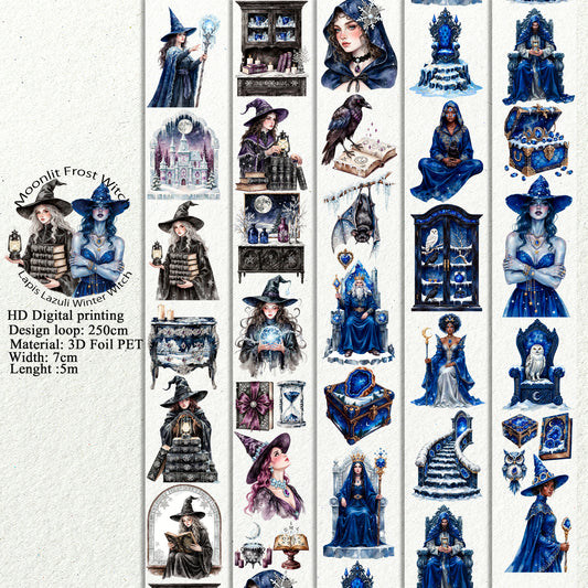 Moonlit Frost Witch and Lapis Lazuli Winter Witch PET 3D raised tape,one roll fashion, junk journal, scrapbooking,bullet journal, card making.