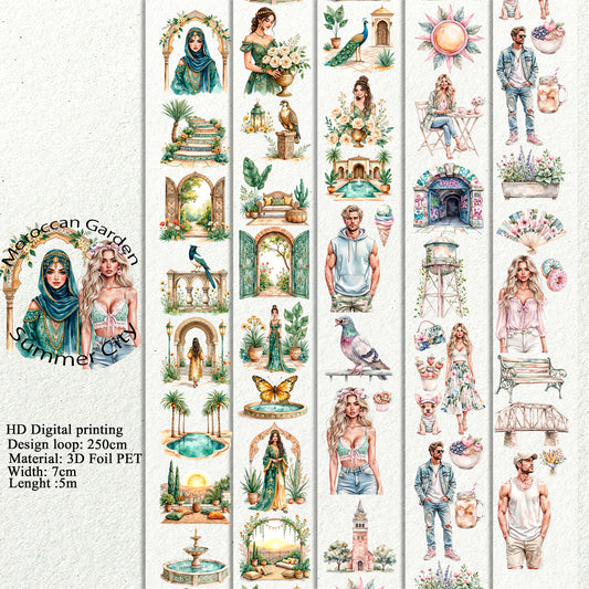 PET 3D raised Moroccan Garden and Summer City tape,one roll fashion, junk journal, scrapbooking,bullet journal, card making.