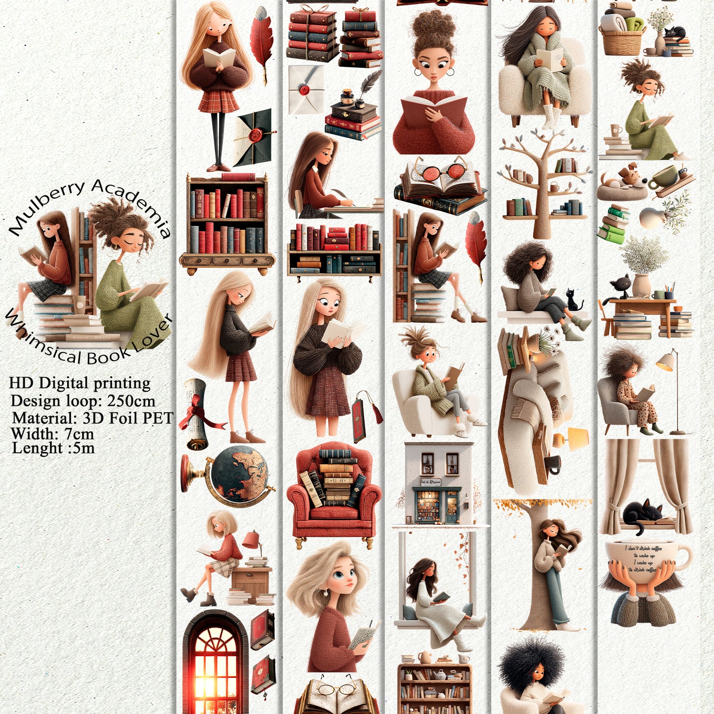 PET 3D raised Mulberry Academia and Whimsical Book Lover tape,one roll fashion, junk journal, scrapbooking,bullet journal, card making.