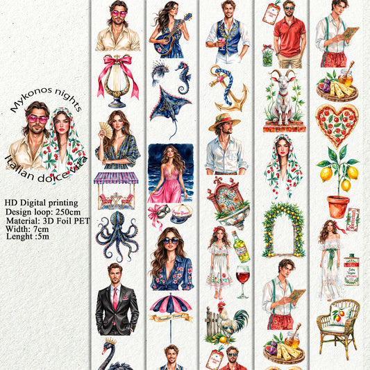 PET 3D raised Mykonos nights and Italian dolce vita tape,one roll fashion, junk journal, scrapbooking,bullet journal, card making.