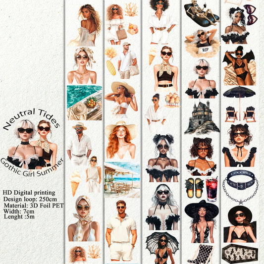 PET 3D raised Neutral Tides and Gothic Girl Summer people tape,one roll fashion, junk journal, scrapbooking,bullet journal, card making.