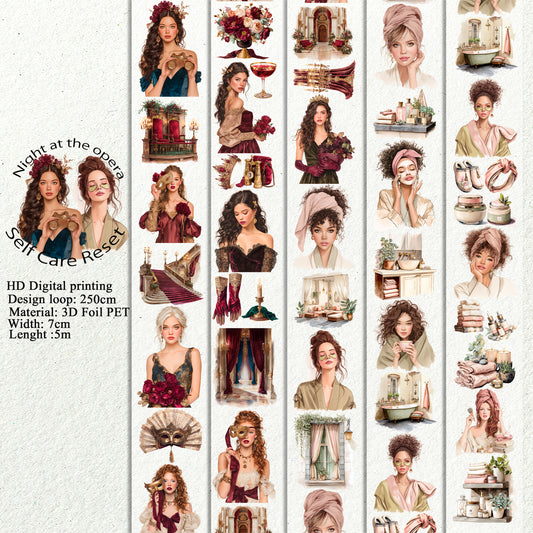 Night at the opera and Self Care Reset PET 3D raised tape,one roll fashion, junk journal, scrapbooking,bullet journal, card making.