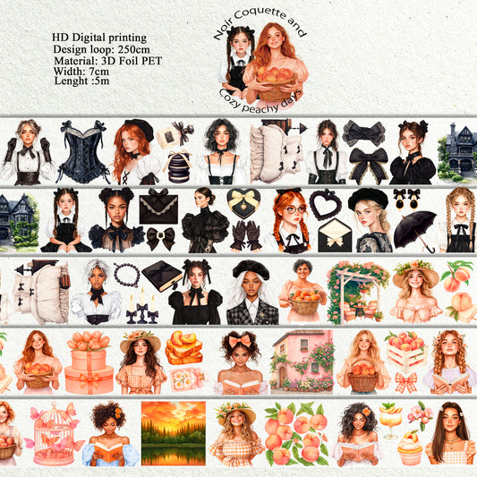 PET 3D raised Noir Coquette and Cozy peachy days tape,one roll fashion, junk journal, scrapbooking,bullet journal, card making.